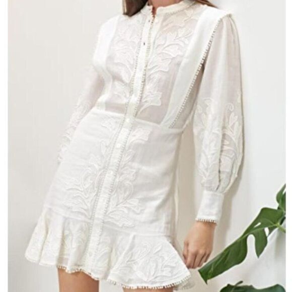 VERONICA BEARD Analeah Dress Embroidered Minidress Puff Sleeves Tassel Pom Pom - Picture 10 of 16